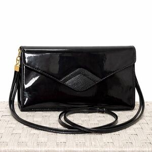 Koret Vintage Patent Leather Black Clutch Envelope Bag Strap Pockets Snap Close